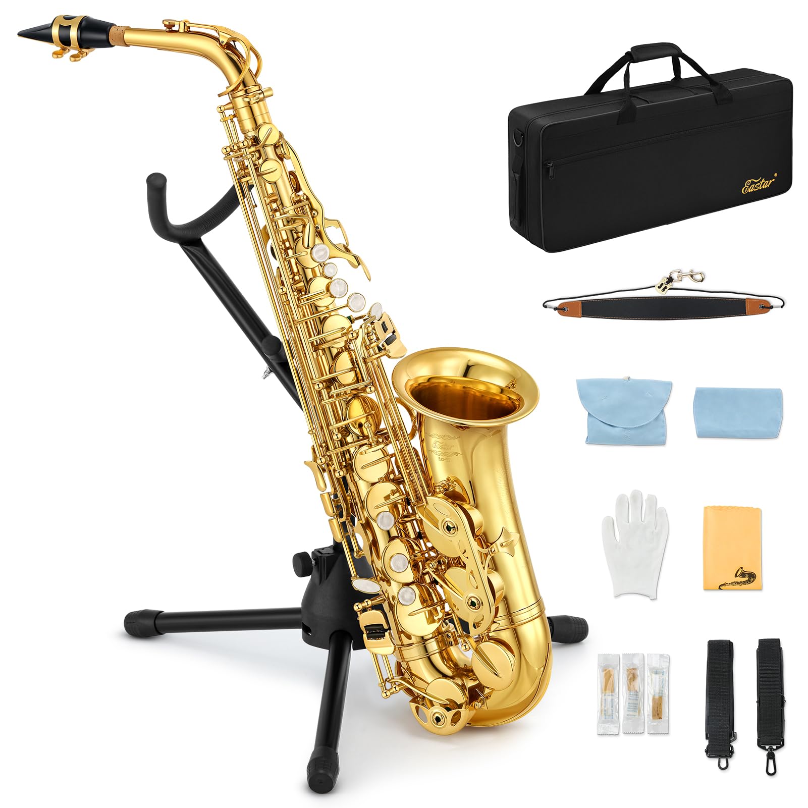 Eastar Alto Saxophone Beginner Student Eb Sax, Golden Full Kit, AS-II