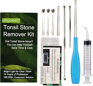 Tonsil Stone Remover Kit, Lighted, 5 Tips, Oral Irrigator for Bad Breath | 6.75" Tonsil stone removal kit with oral syringe & long tonsillolith pick, clean tonsil crypts for throat and oral care