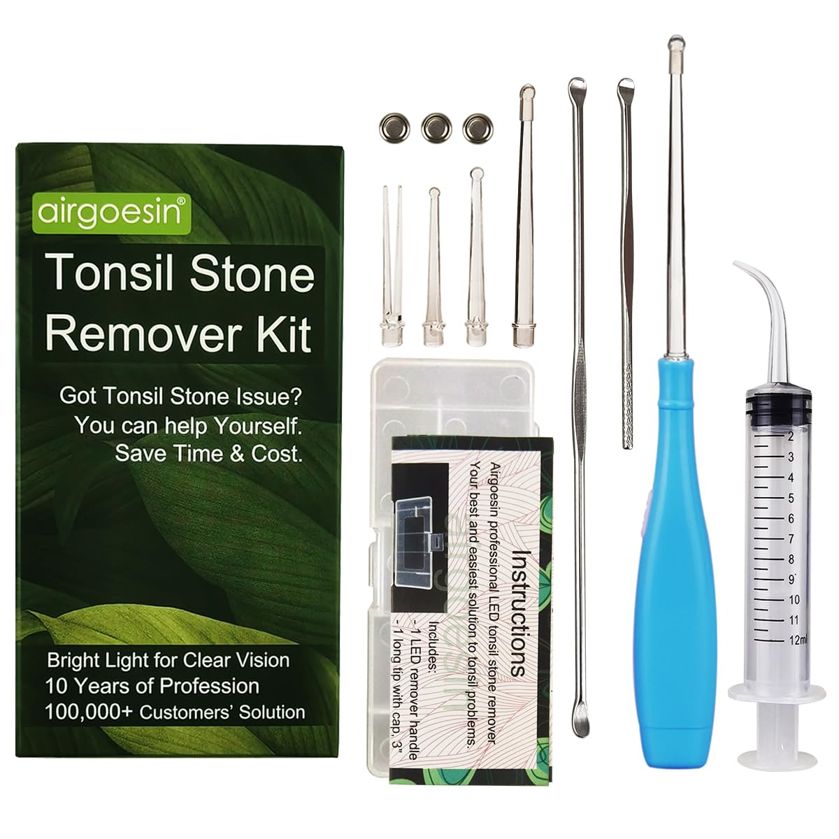 Tonsil Stone Remover Kit, Lighted, 5 Tips, Oral Irrigator for Bad Breath | 6.75"