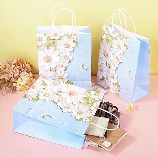 6 Pieces Paper Gift Bags with Handles, 10.7 x 20.8 x 27 cm Bags, Foldable Gift Bags, Fabric Bags for Shopping, Storage, Blue Flowers, Spring, Summer, for Wedding, St