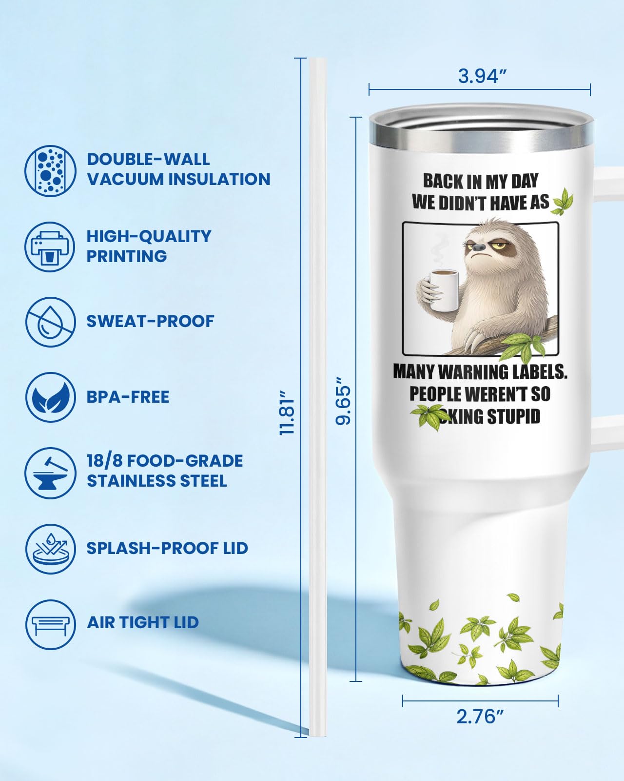 34HD Funny Sloth Old Sarcastic 40 oz Tumbler with Handle, Sloth Lover Gift