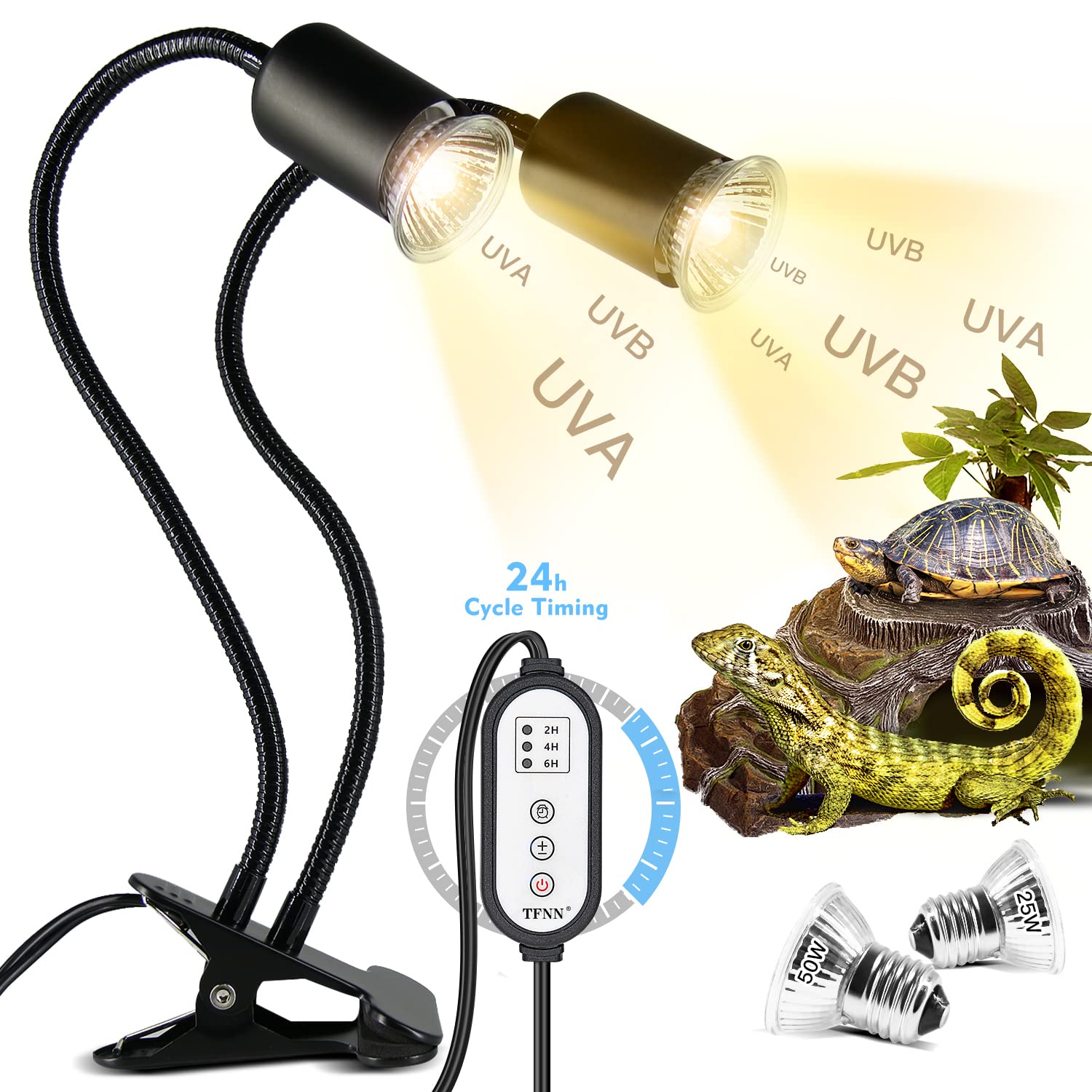 TFNN Reptile Heat Lamp, Double-Head Heat Lamp with Clamp, UVA UVB Reptile Light 