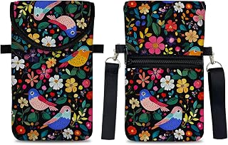 otilil Neoprene Cell Phone Sleeve Pouch Case Bag with Crossbody Strap Neck Lanyard for Women 7.5 X 4.3 in Flower Bird