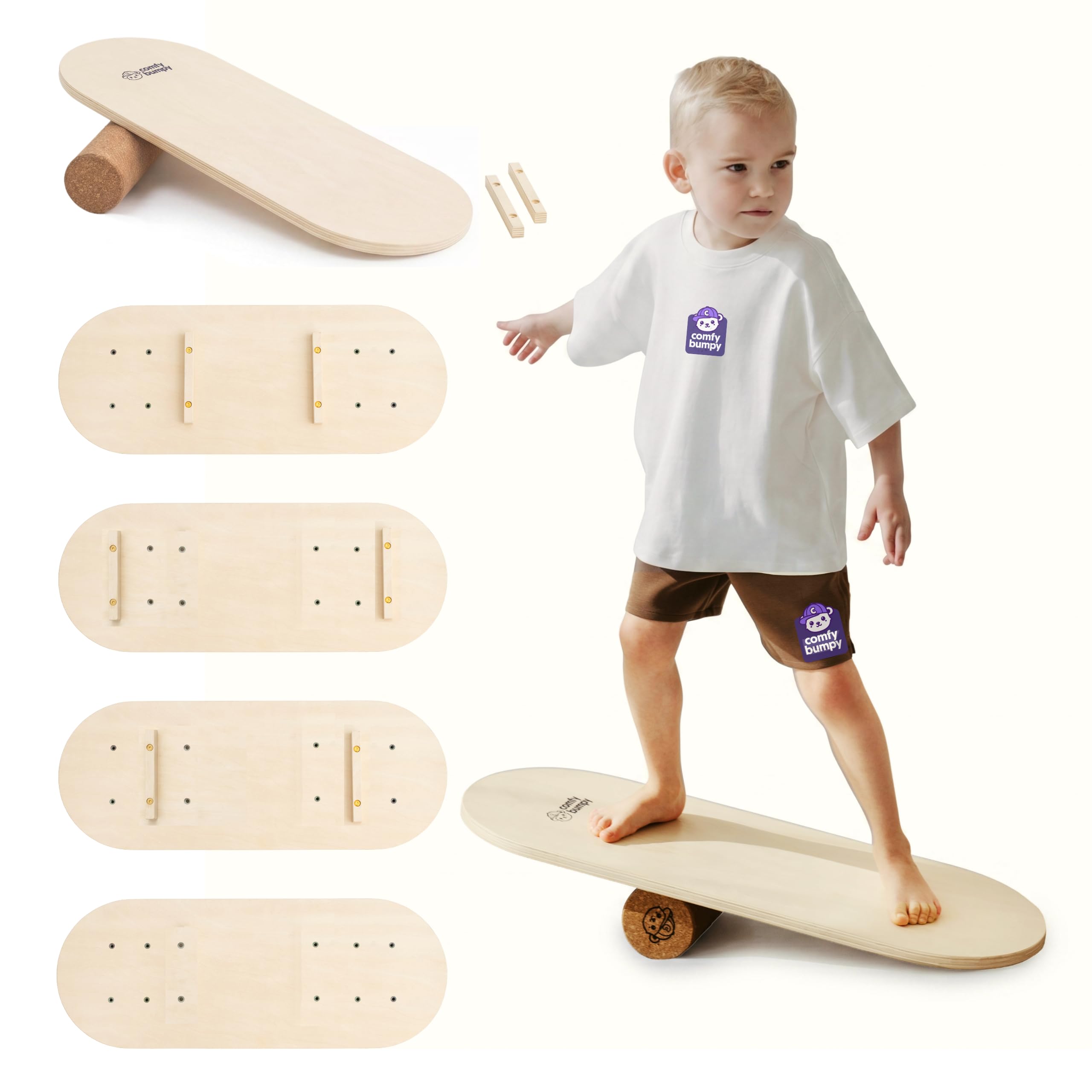 ComfyBumpy Balance Board for Kids with Cork Roller, 30" x 12" Wooden Balance Boa