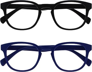 OPULIZE Pop Reading Glasses Pack of 2 Round Black and Blue Matte Satin Hinges with Spring Scratch Resistant Men Women RR2-13 +1.50