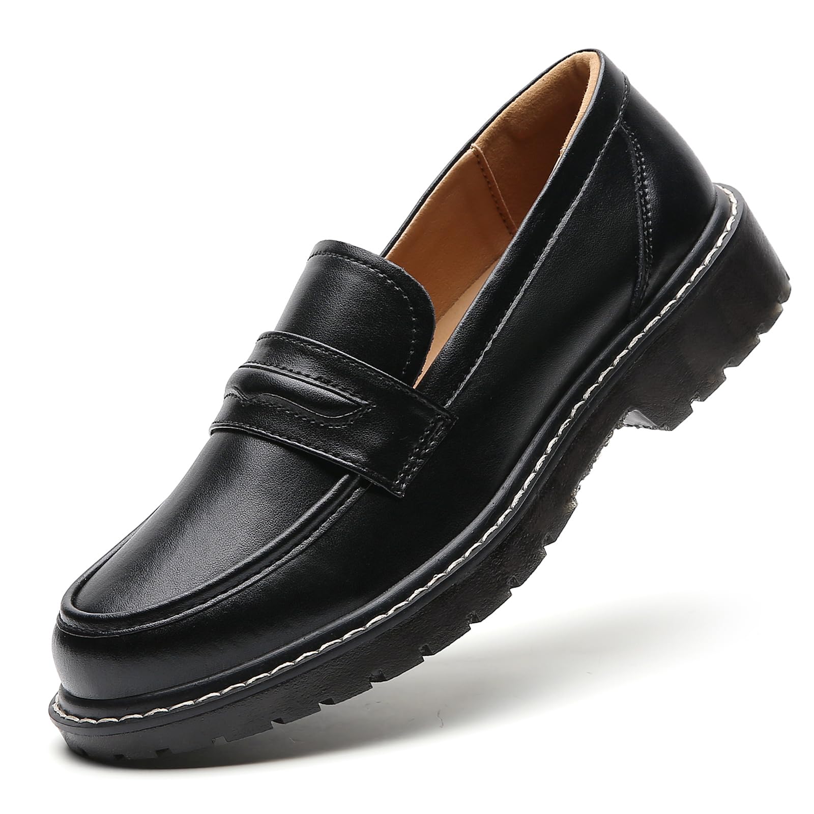 XMM Black Loafers for Women Chunky Loafer Shoes Penny Loafers Flats Lug Sole Lig