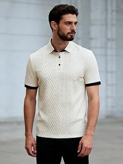 Mens Summer Textured Contrast Trim Short Sleeve Casual Collar Shirt Slim Fit Knit Top Beige XL