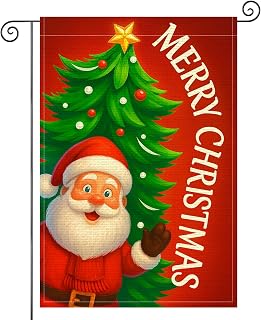 HOMETITUTE Drapeau de jardin « Merry Christmas » double face en toile de jute - 30,5 x 45,7 cm - Drapeau de jardin d'hiver - Père Noël - Arbre rouge - Étoile - Bannière saisonnière pour décoration