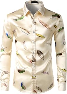 ZEROYAA Men's Printed Design Satin Button Up Dress Shirt