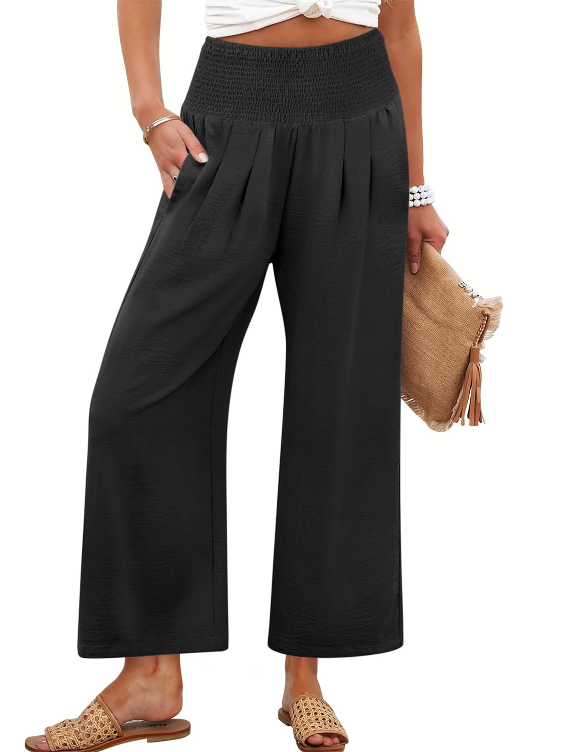 ANRABESS Womens Pants Wide Leg High Waisted Palazzo Pants Summer Flowy Beach Lou