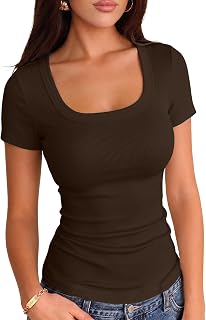 VICHYIE Women Square Neck Ribbed Knit Slim Fitted Casual Top