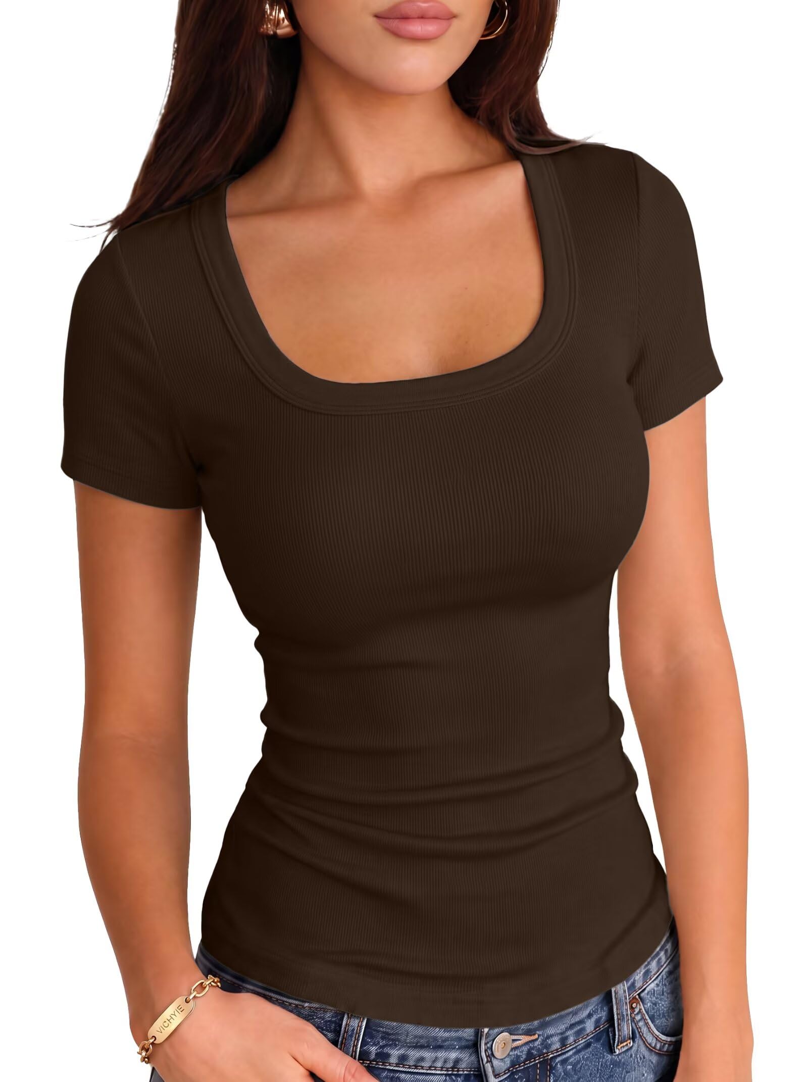 VICHYIE Women Square Neck Ribbed Knit Slim Fitted Casual Top