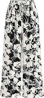 PRETTYGARDEN Ladies Stretch Floral Waist Lightweight Pants Palazzo Pants For Women Casual Lounge Wide Leg Pants Women