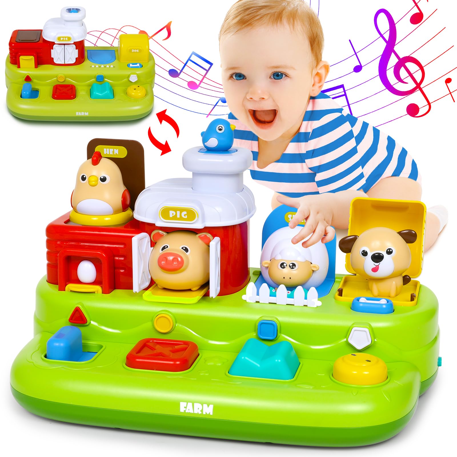 Interactive Pop Farm Animal Up Toys with Music Sounds Montessori Cause and Effec