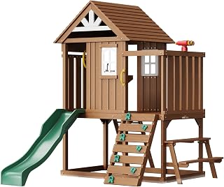 VEVOR Outdoor Wooden Playhouse, Modern Cedar Playhouse for Age 2-8 Years Kids, Garden Games Cottage, Country Style Cedar with Slide, Ladder, Climbing Wall, Windows, Picnic Table and Bench