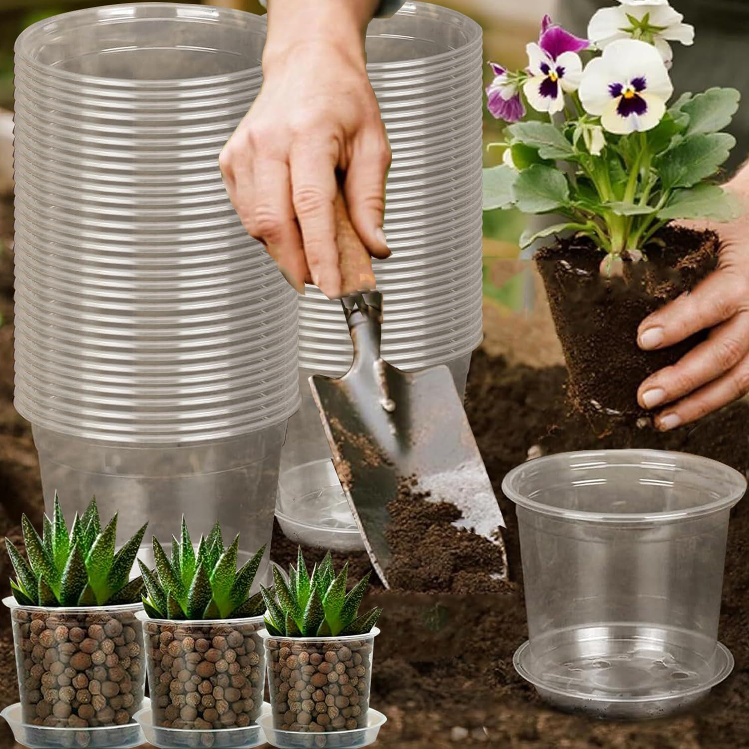 30 Pack Clear Plastic Plant Pots with Drainage Hole, Flower Pots and Seedlings, 
