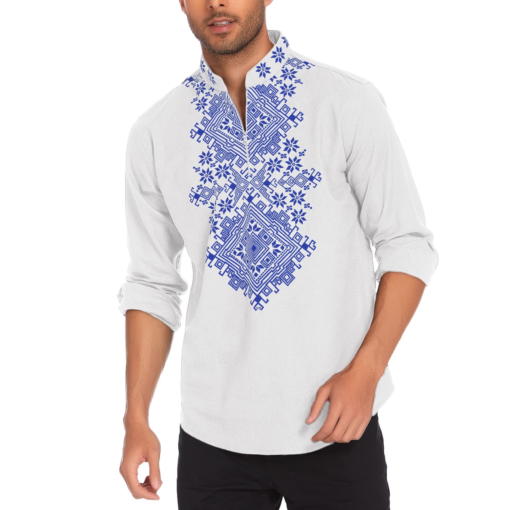 COOFANDY メンズ ヘンリーシャツ 長袖 花柄 カジュアル ジップアップ コットン ビーチ パーティー ヒッピー Tシャツ
