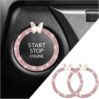 2PCS Car Engine Push Start Button Cover Decoration Ring,Bling Butterfly Push to Start Button Cover Ring with Rhinestones,Car Start Button Cover for Bling Car Accessories for Women (Pink)