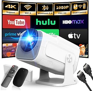 Portable Projector 2026 Upgraded 1920x1080P 4K Supote WiFi 6 Bluetooth 5.4 | Integrated App, Dual Control, 180° Rotation, Compatible with HDMI/TV Stick/USB/Laptop, Home Outdoor Video Projector, White