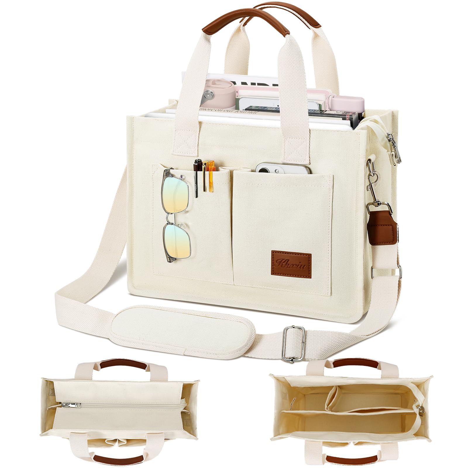 KKXIU Large Canvas Tote Bag for Women with Zipper and Compartments Crossbody Wor