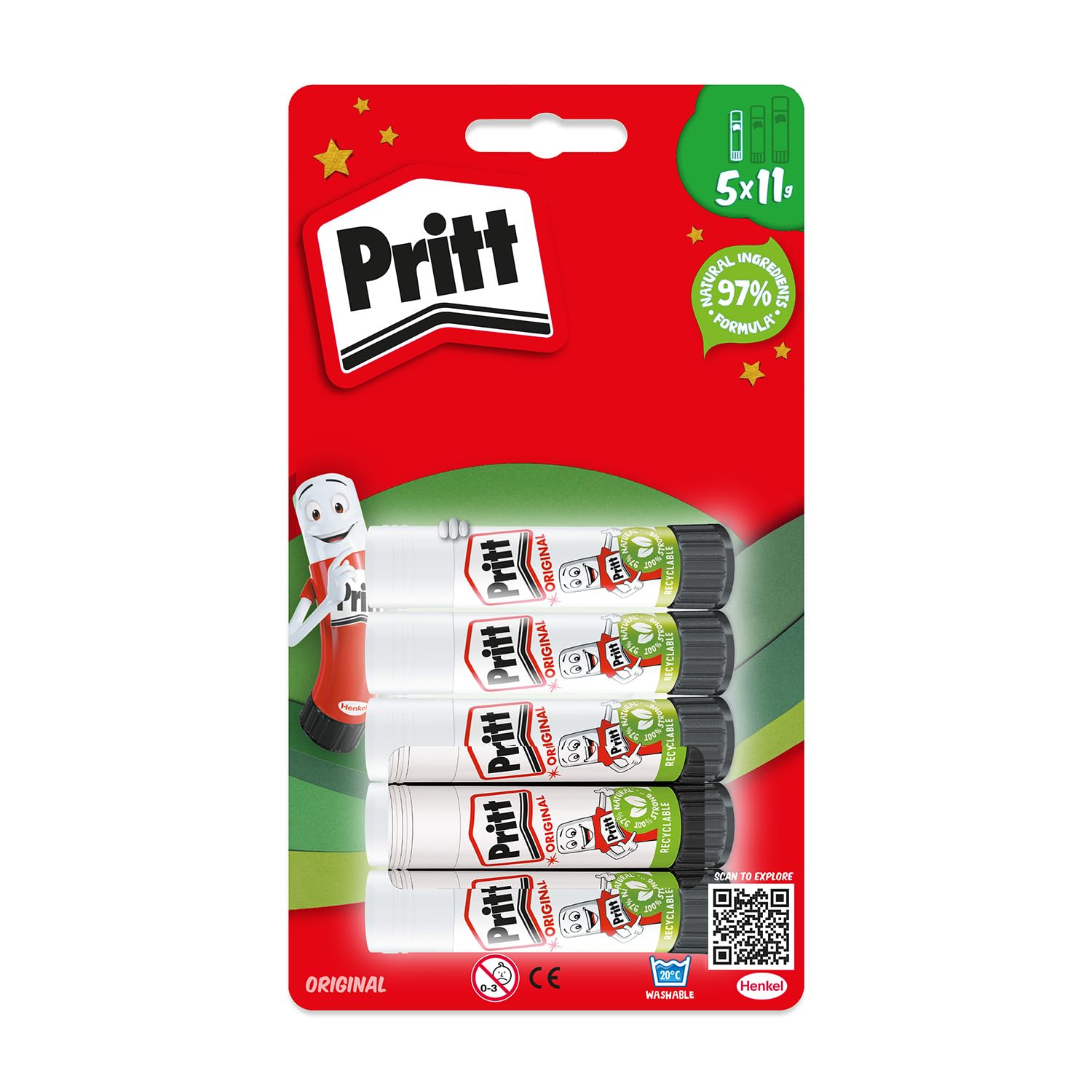 Pritt Glue Stick, Natural Craft Glue for Arts & Crafts, 5 x 11 g | Child-Friendl