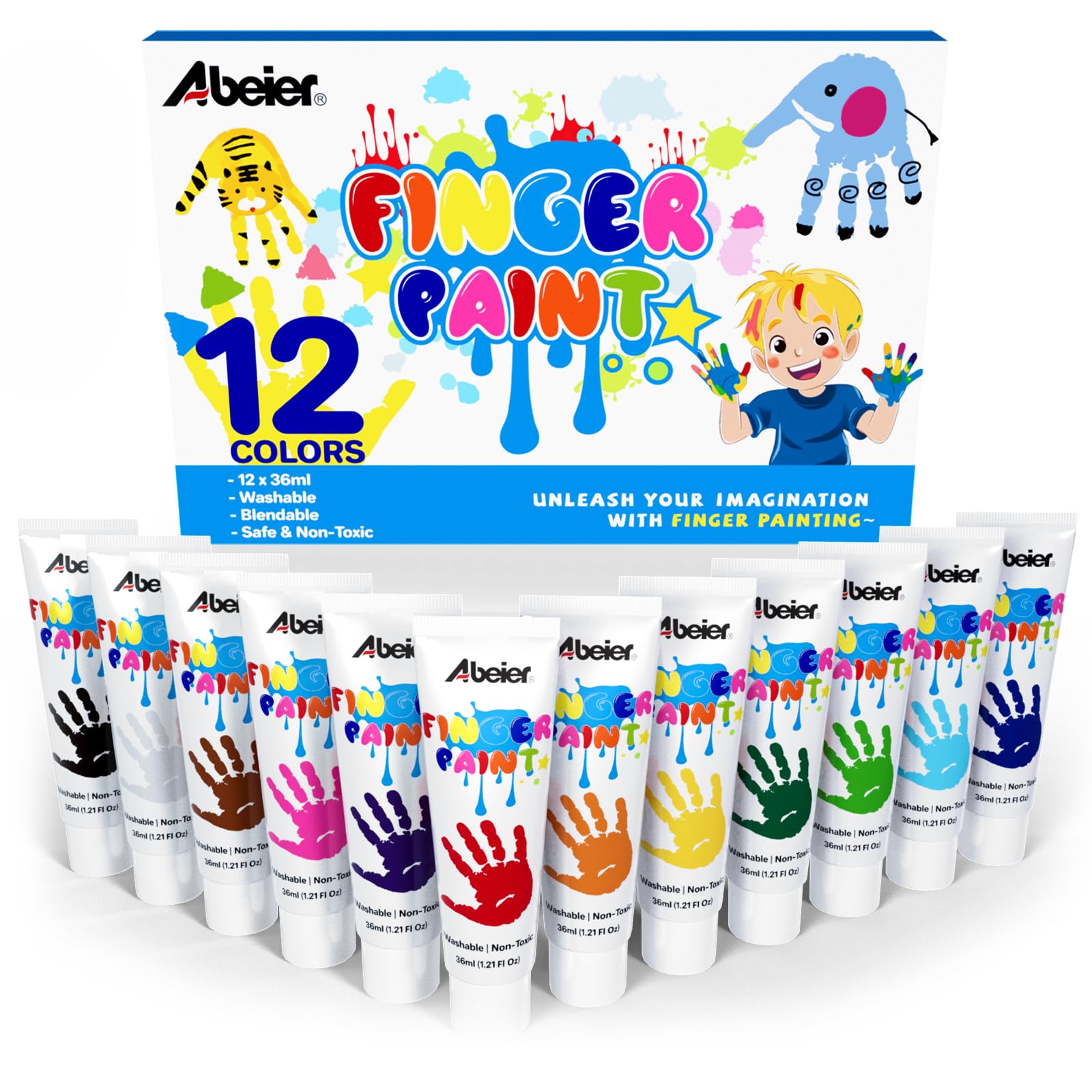 ABEIER Washable Finger Paint for Toddlers 1-3, 12 Non-Toxic Colors | Ages 1-3 4 