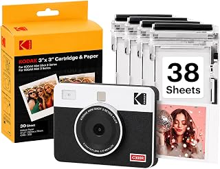 KODAK Mini Shot 3 Retro 3x3 Instant Camera, Photo Printer, 38 Sheet, White | Bluetooth, iPhone & Android Smartphone Compatible, 13MP Camera, Retake Before Printing, Water, Fingerprint & Fade Resistant