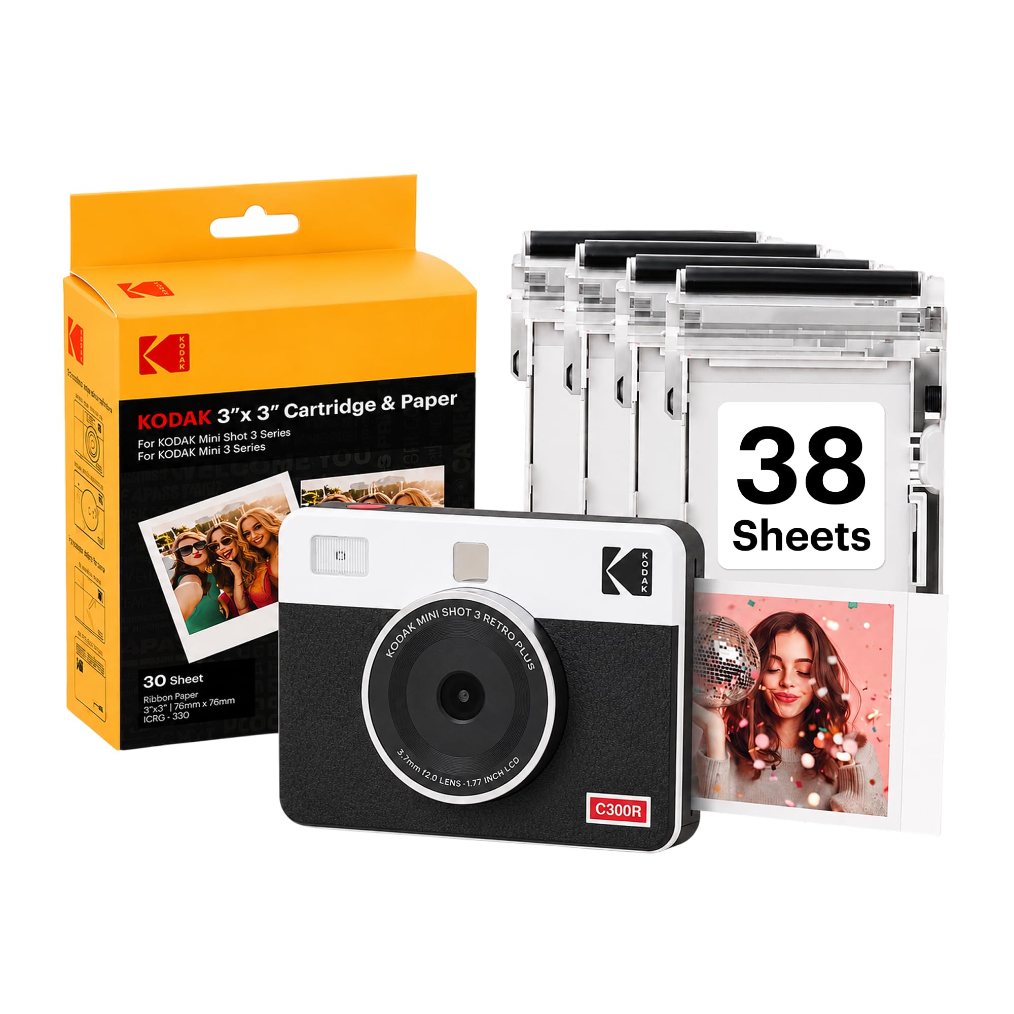 KODAK Mini Shot 3 Retro 3x3 Instant Camera, Photo Printer, 38 Sheet, White | Blu