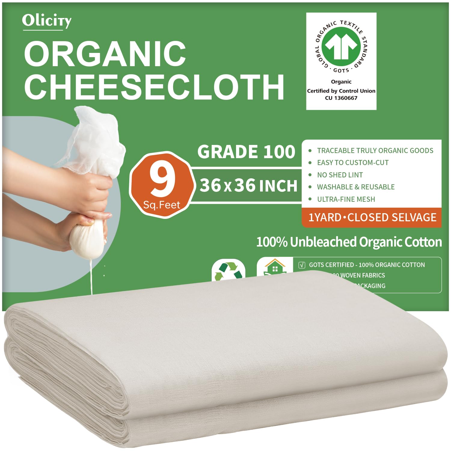 Organic Cheese Cloths, GOTS Certified, 36x36Inch, Reusable Cheese Cloth | Grade 