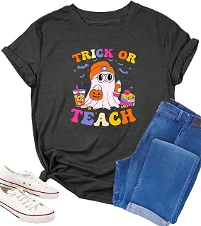 Halloween Teacher Shirts for Women Trick Or Teach Shirts Ghost T Shirt Bookish Tee Funny Cute Short Sleeve Tops