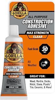 Gorilla Max Strength Construction Adhesive, Clear, 2.5 oz | Gap-Filling and Paintable, Ideal for Quick Fixes and Touch Ups, Bonds Wood, Metal, Glass, Tile, Stone, and Drywall