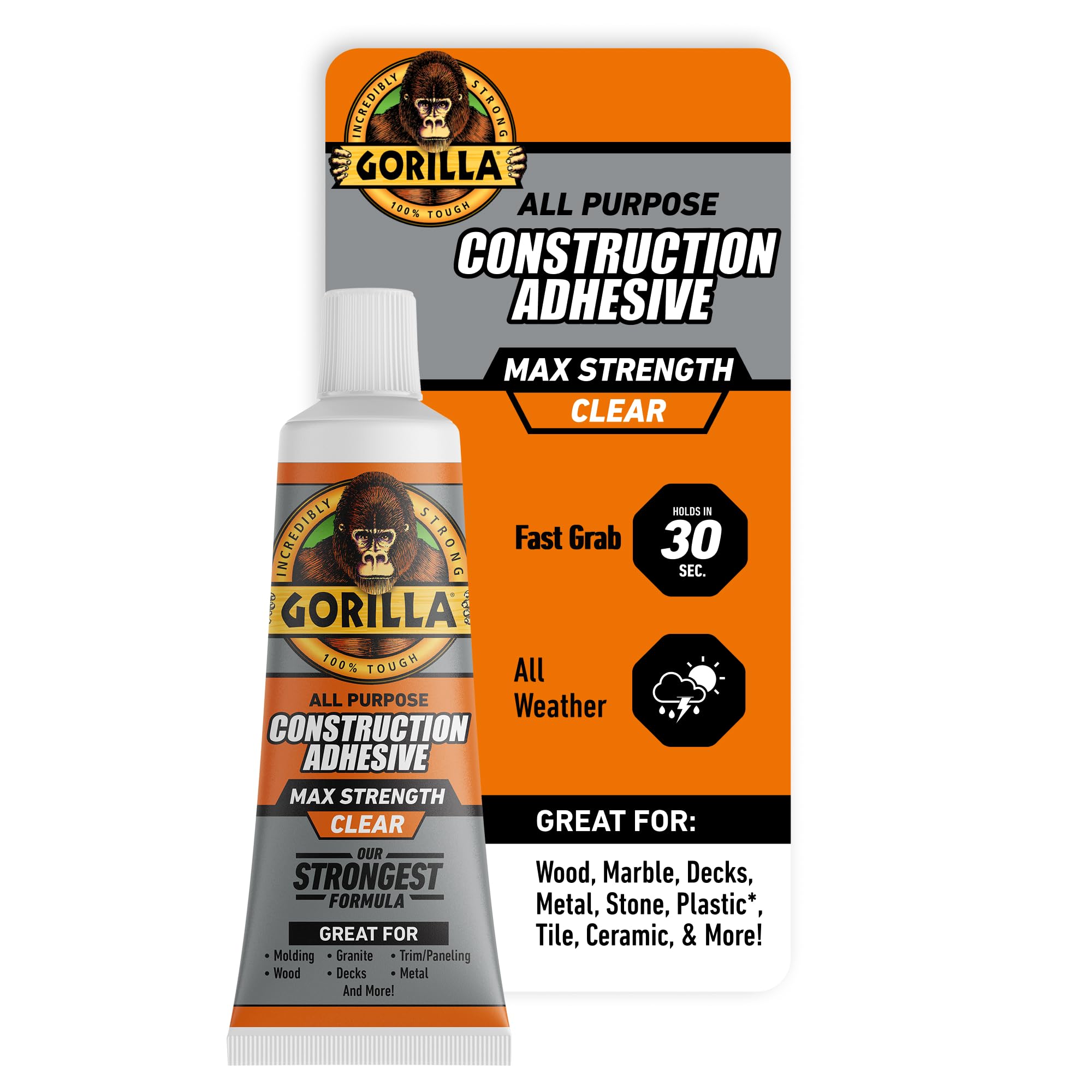 Gorilla Max Strength Construction Adhesive, Clear, 2.5 oz | Gap-Filling and Pain