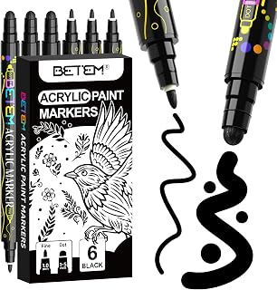 Betem 6 Black Dual Tip Acrylic Paint Markers, Fabric Decorating Kits | Acrylic Paint Pens Art Supplies for Fabric, Rock, Wood, Glass, Canvas, Ceramic, Pumpkin Painting Kit &amp; Halloween Crafts