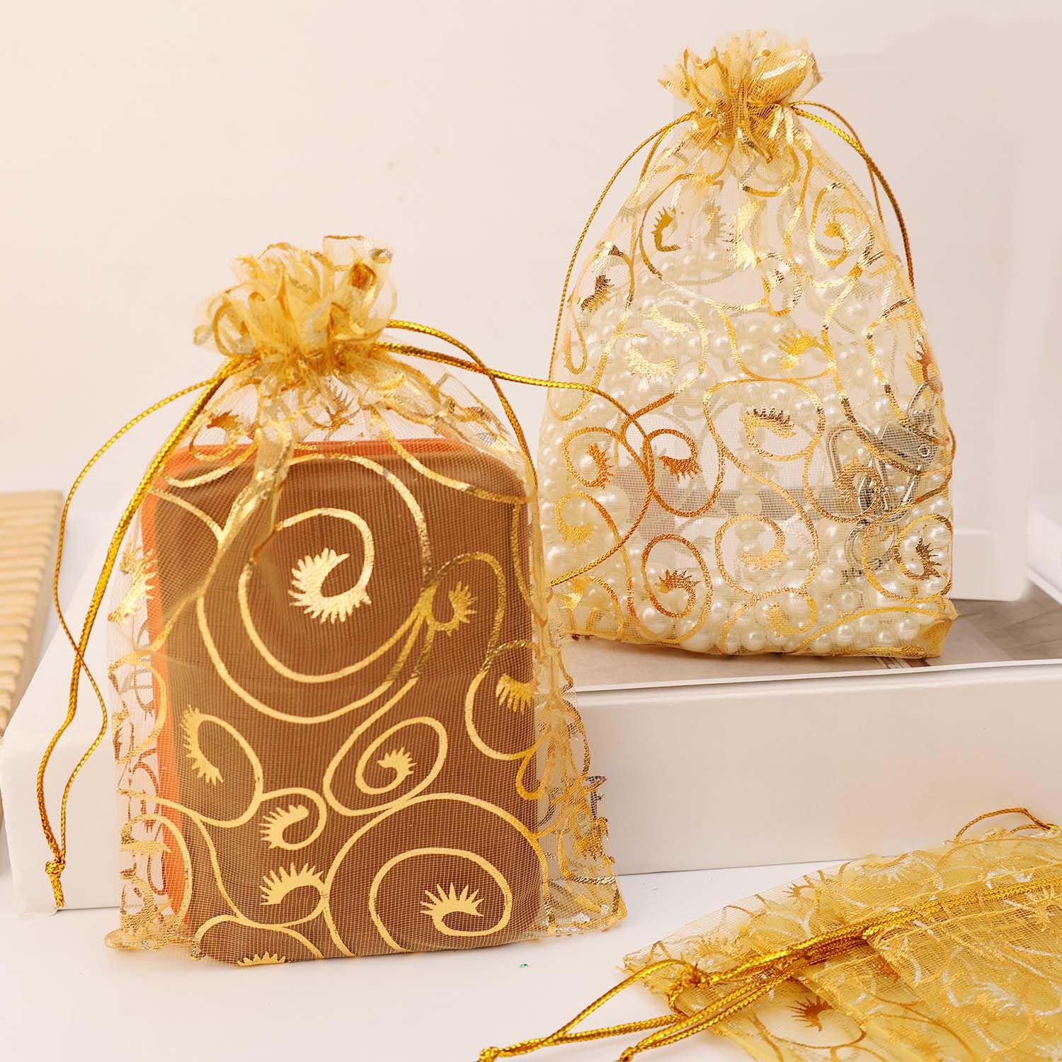 Set of 10 Gold Organza Gift Bags Christmas Wedding Party Candy Cookie Drawstring