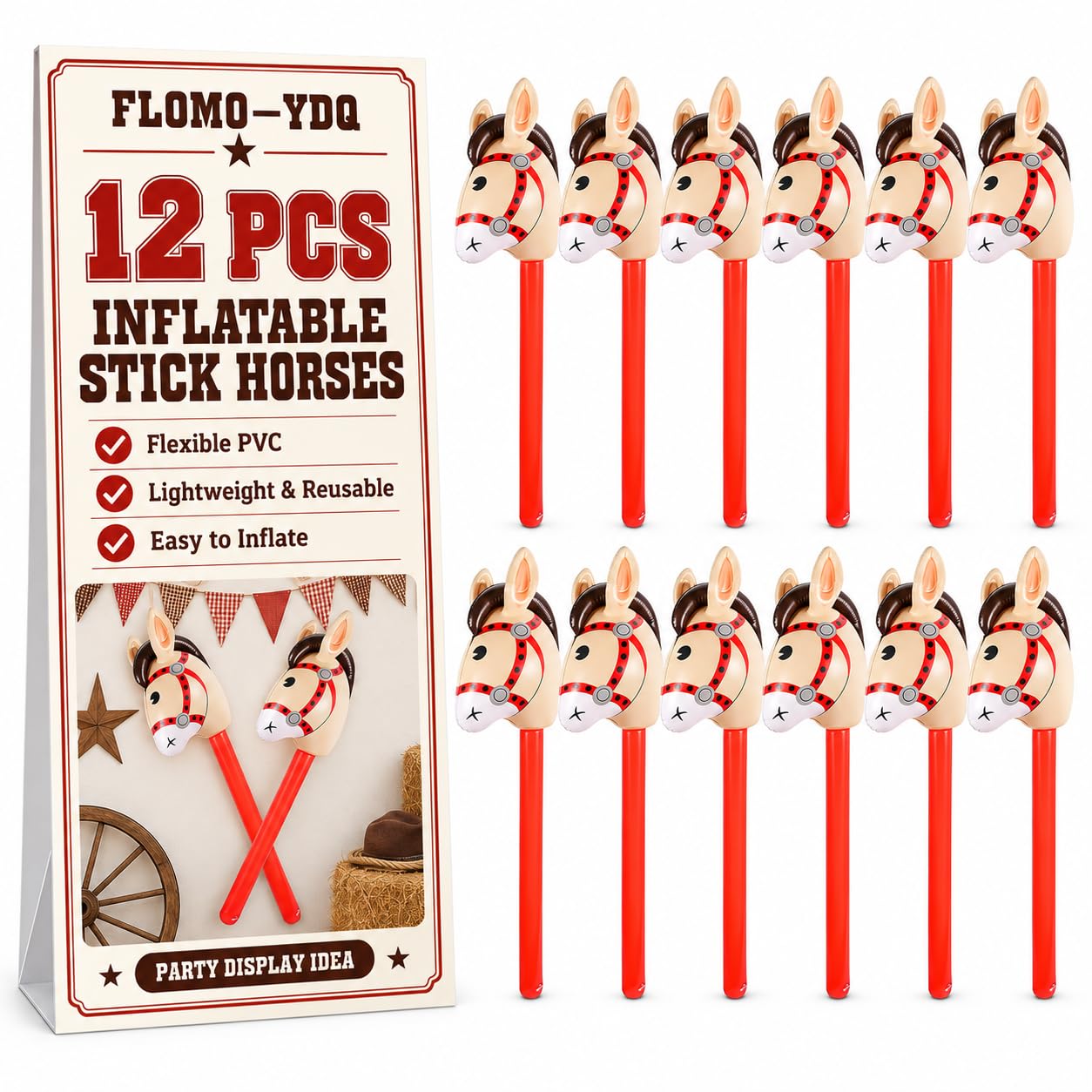 12 Pcs Inflatable Stick Horses,37 Inch Western Cowboy Party Decorations | Flexib