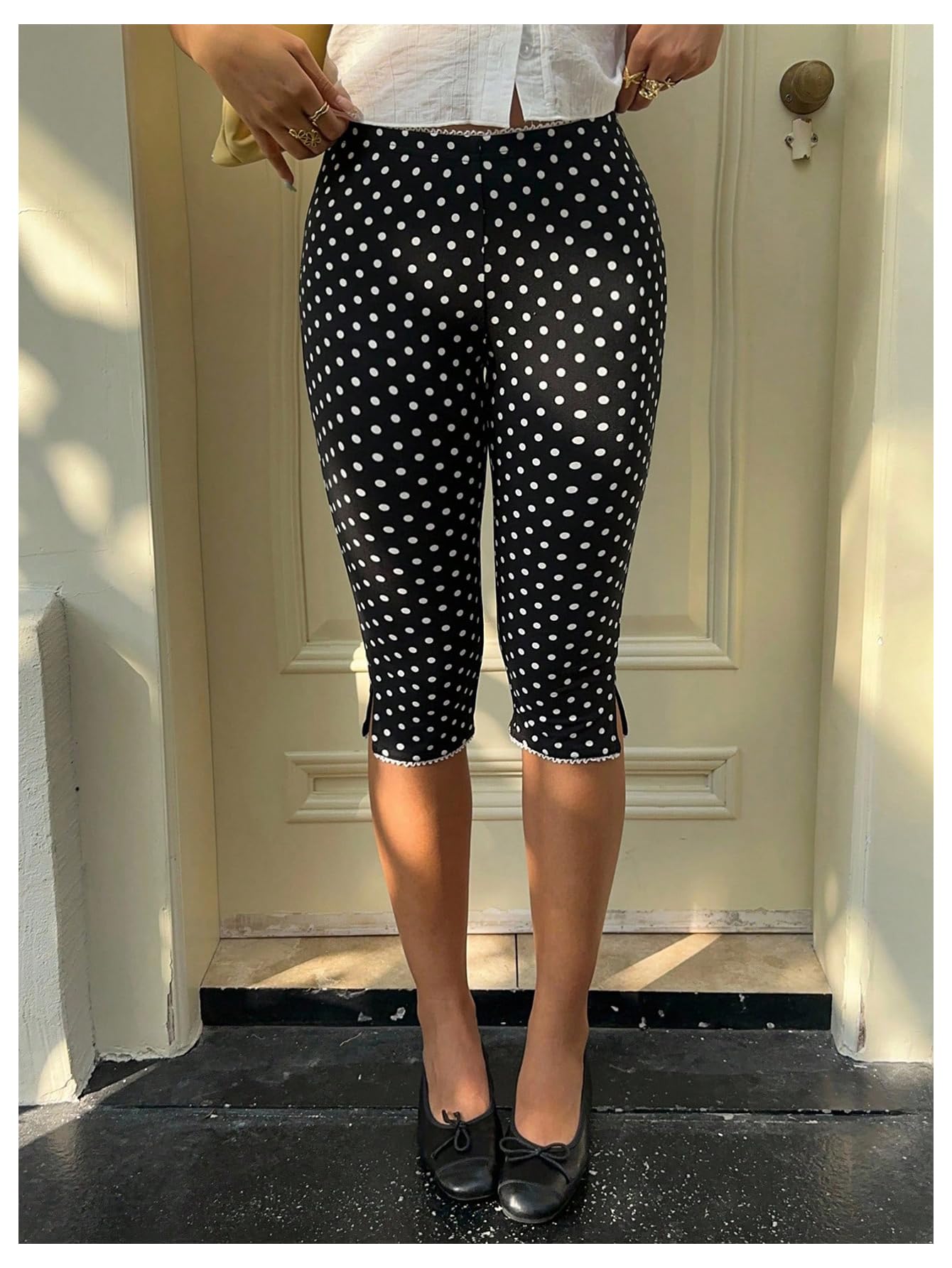Women's Polka Dot Pants Low Waist Capri Leggings, Split Hem Cropped Stretch Casu
