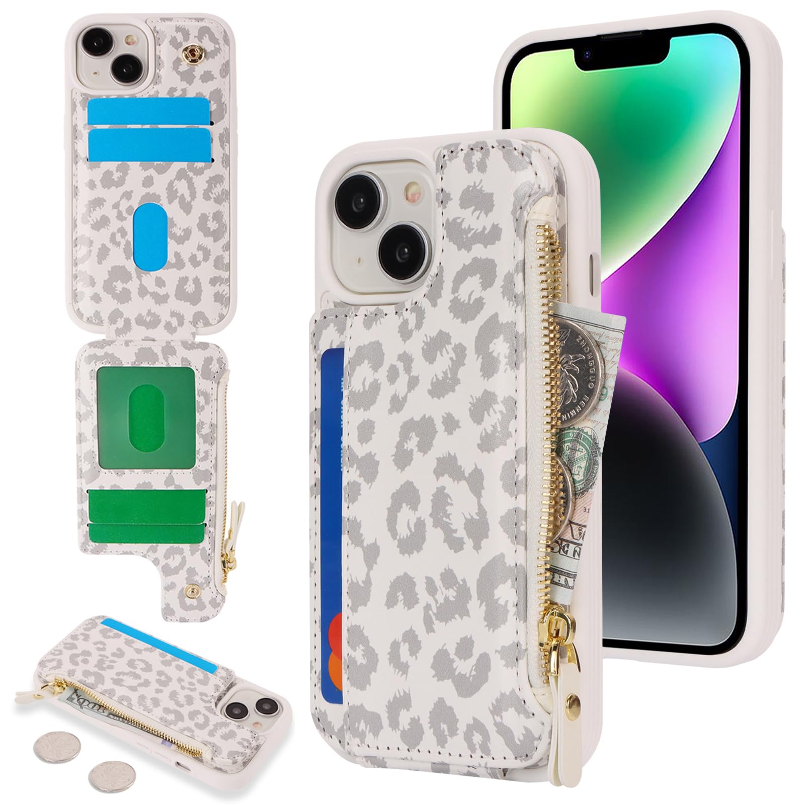 Cavor Custodia per iPhone 13 e iPhone 14 con porta carte, custodia a portafoglio