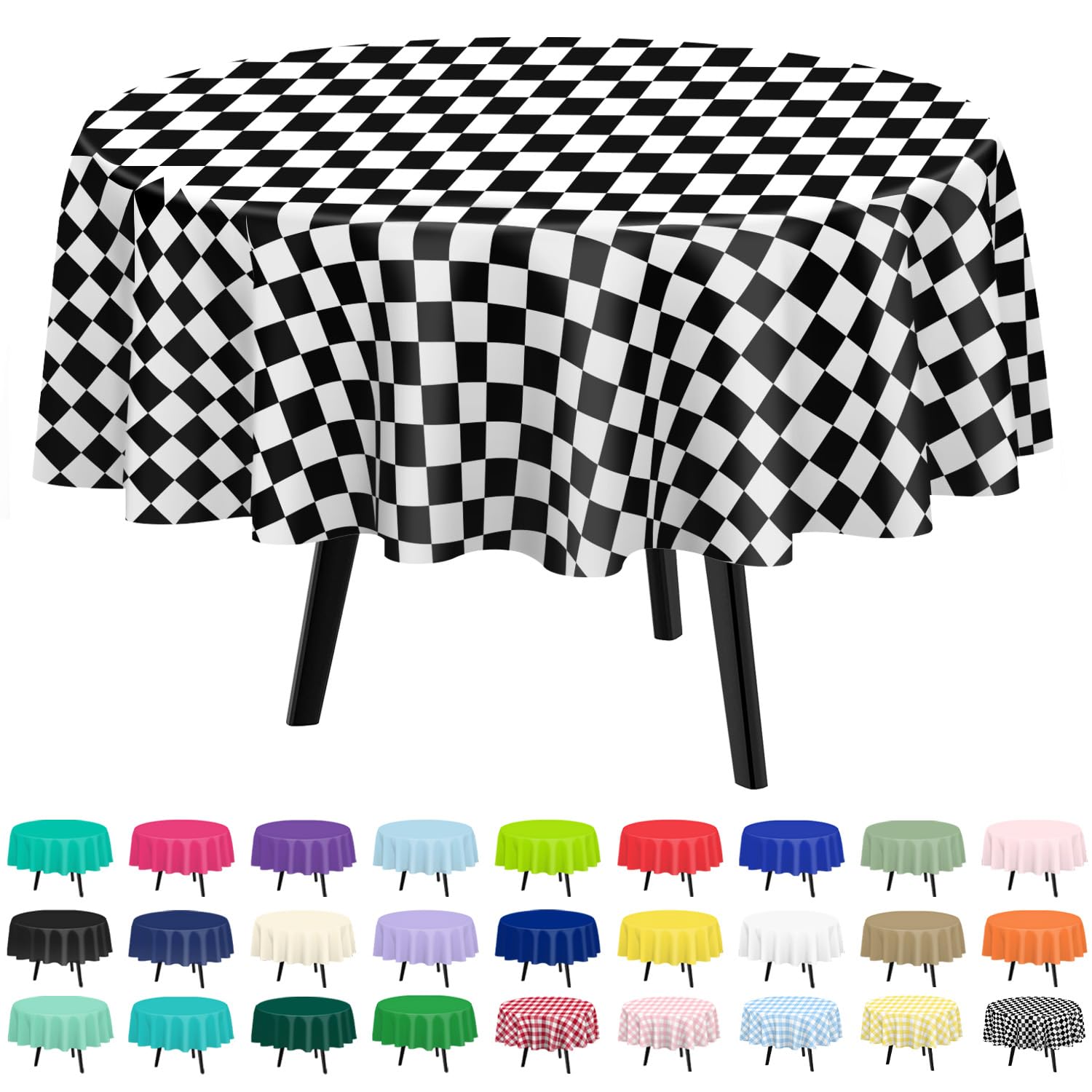 QIKSION 2 Pack Checkered Round Plastic Tablecloth Disposable