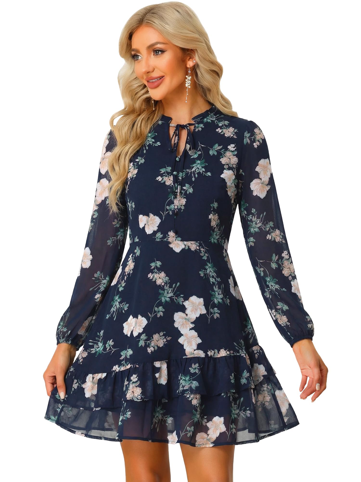 Allegra K Women Spring Dresses Layered Tiered Chiffon Mini Floral Dress