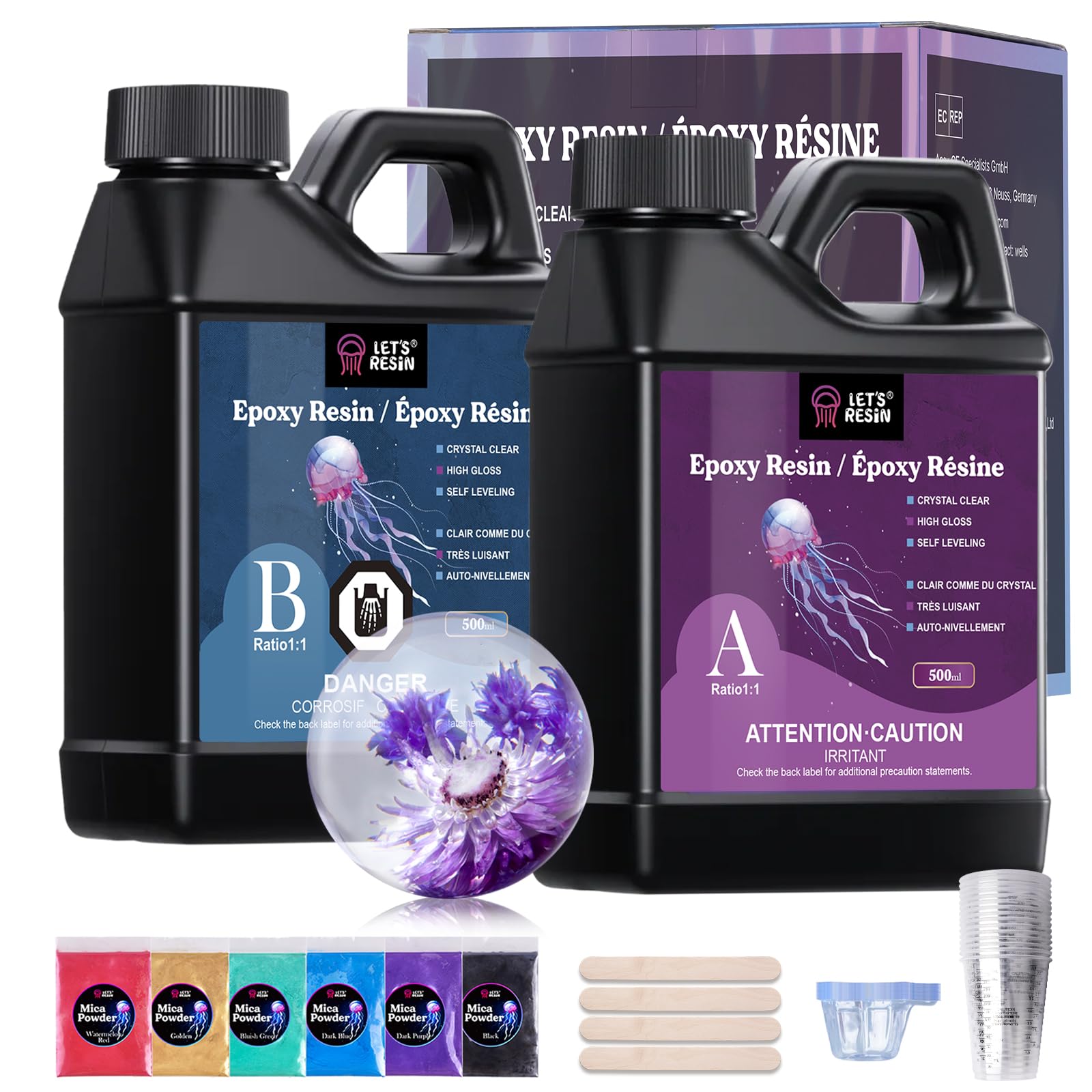 LET'S RESIN Epoxy Resin Kit with Mica Powder,1L(34oz) Crystal Clear Resin | Bubb