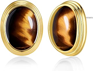 SNGIA18K Gold Plated Burgundy Maroon Red Carnelian Round Oval Ribbed Button Chunky Statement Earrings for Women by SNGIA, Bold Handmade Exaggerated Dome Retro Rounded Button Trendy Bohemian Gemstone