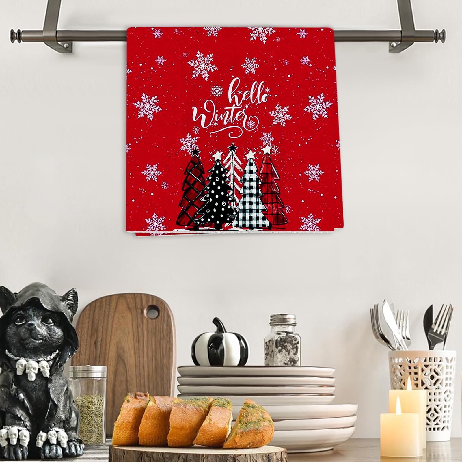 Hello Winter Buffalo Plaid Christmas Hand Towel Red Festival Holiday Bathroom To