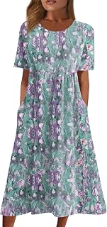 Summer Dresses for Women 2026 Casual Short Sleeve Scoop Neck Swing Boho Beach T-Shirt Dress with Pockets