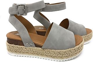 Soda Topic Open Toe Buckle Ankle Strap Flat Sandal, gray, 36 EU