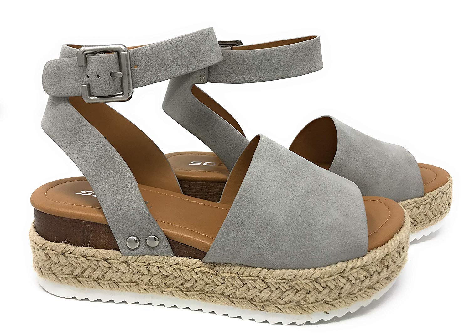 Soda Topic Open Toe Buckle Ankle Strap Flat Sandal, gray, 36.5 EU