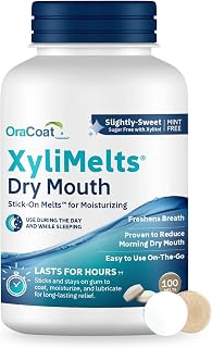 OraCoat XyliMelts Dry Mouth Relief Oral Adhering Discs Slightly Sweet with Xylitol, For Dry Mouth, Stimulates Saliva, Non-Acidic, Day and Night Use, Time Release for up to 8 Hours, 100 Count.