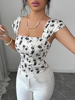 Women's Square Neck Short Sleeve Floral Print Ruched Waist One Line Elegant Dating Holiday Jumpsuit