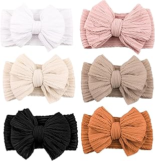 Niceye 6 Pack Baby Girl Headbands with Bows, Soft Stretchy Nylon Bands | Large Bows with Knit Texture, Handmade Hair Accessories for Newborn Infant Toddler Girls, Daily Wear &amp; Photoshoots