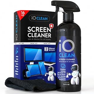 iO Clean Screen Cleaner Spray (16oz - 473ml) | Large Cleaning Kit for LCD LED OLED TV, Smartphone, iPad, Laptop, Touchscreen, Computer Monitor, Microfiber Cloth & 2 Nozzles