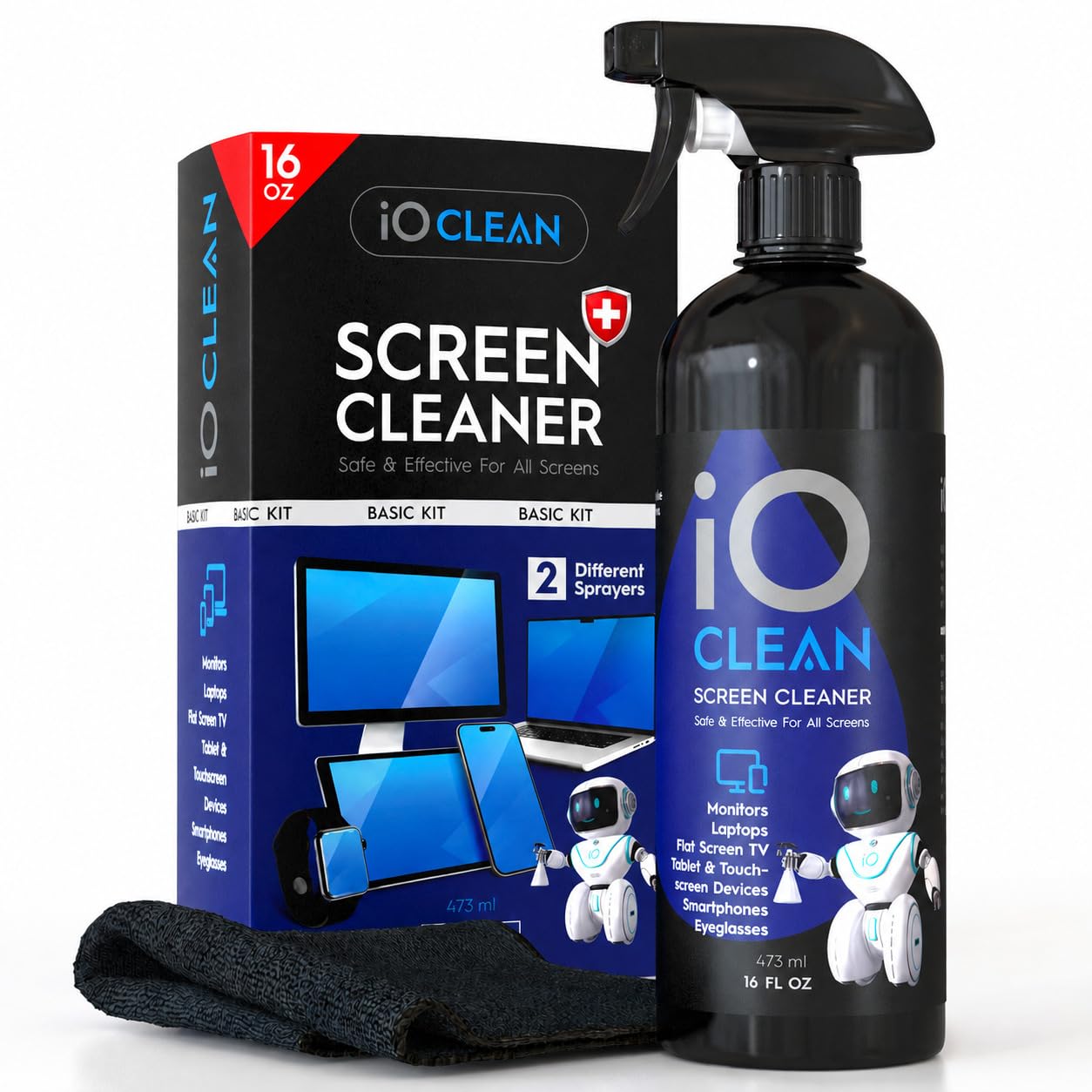 iO Clean Screen Cleaner Spray (16oz - 473ml) | Large Cleaning Kit for LCD LED OL